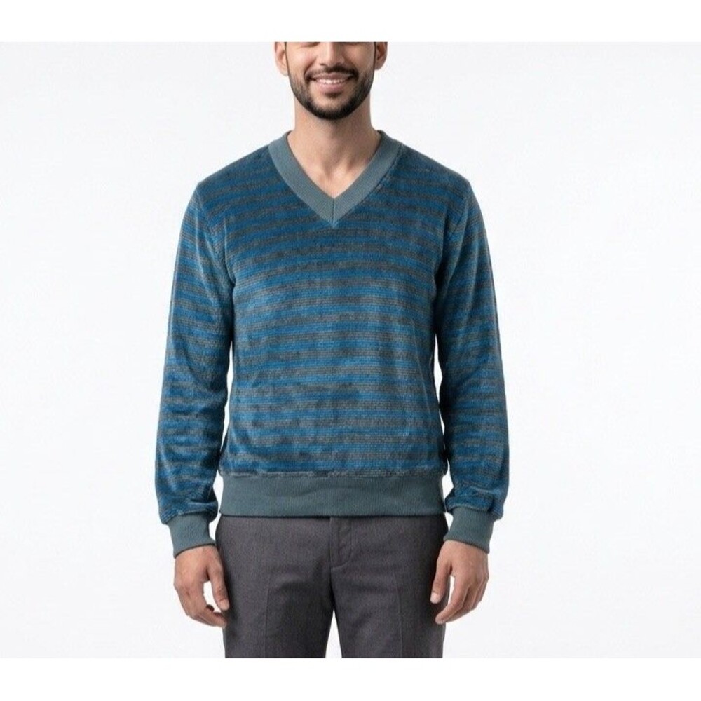 Mens Striped V Neck Sweater Size M Blue Soft Long Sleeves